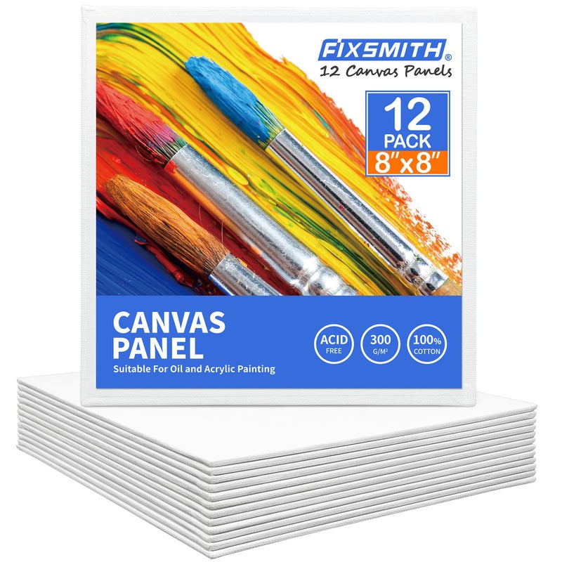 FIXSMITH Canvas Boards for Painting 8x8 Inch, Super Value 12 Pack White Blank Canvas Panels, 100% Cotton Primed, Painting Art Supplies for Professionals, Hobby Painters, Students & Kids - Image 1